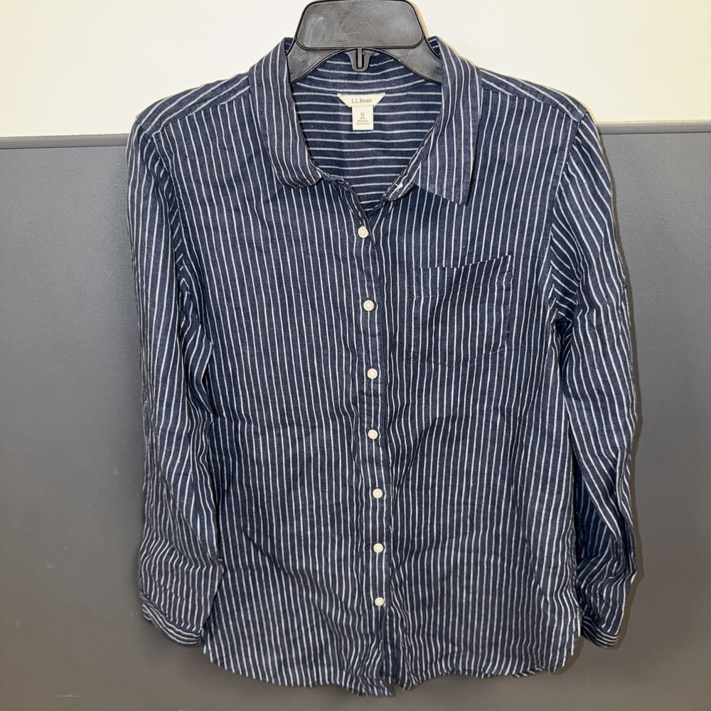 L.L. Bean Womens Blue & White Striped Linen LS Coastal Shirt Medium Long Sleeve